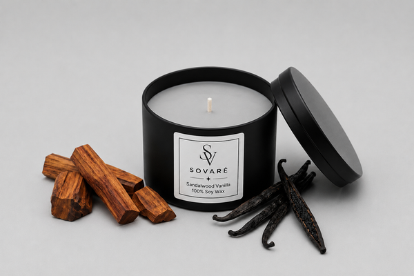 Sovaré Sandalwood Vanilla luxury scented soy candle — hand-poured in the UK
