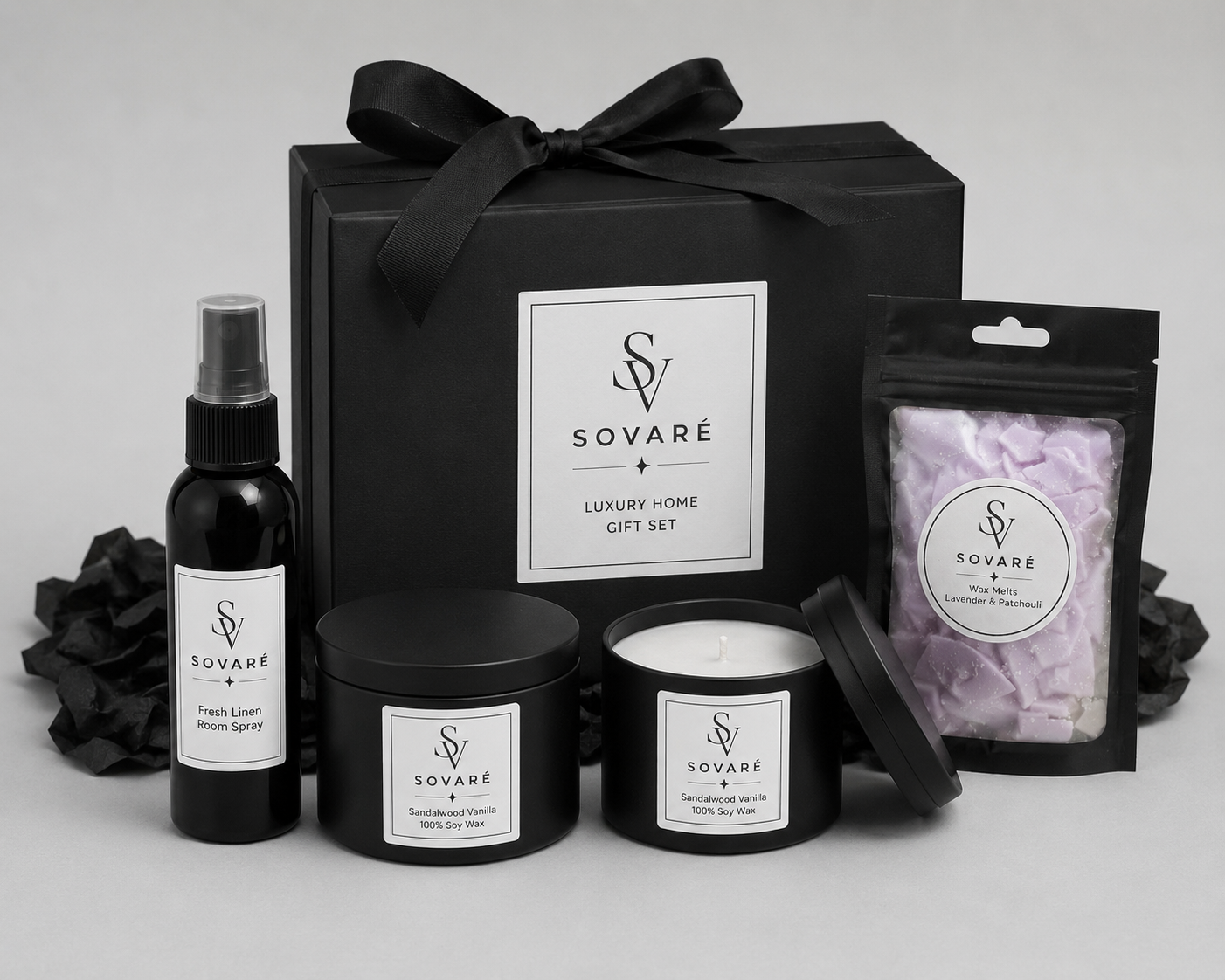 SOVARÉ Luxury Home Gift Set includes room spray, soy candle, wax melts, gifting card in a black box