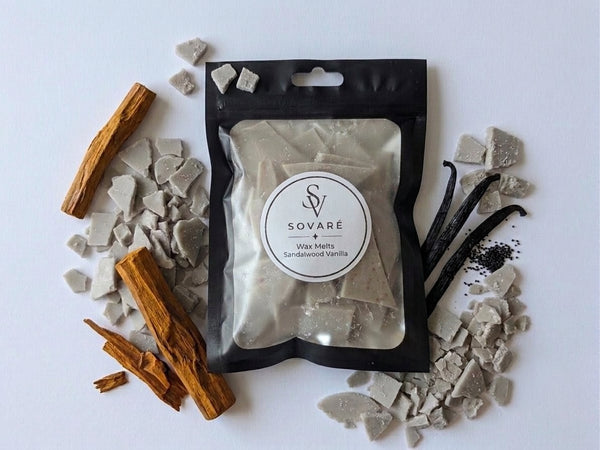 Sandalwood Vanilla Wax Melts by Sovaré in a black resealable pouch