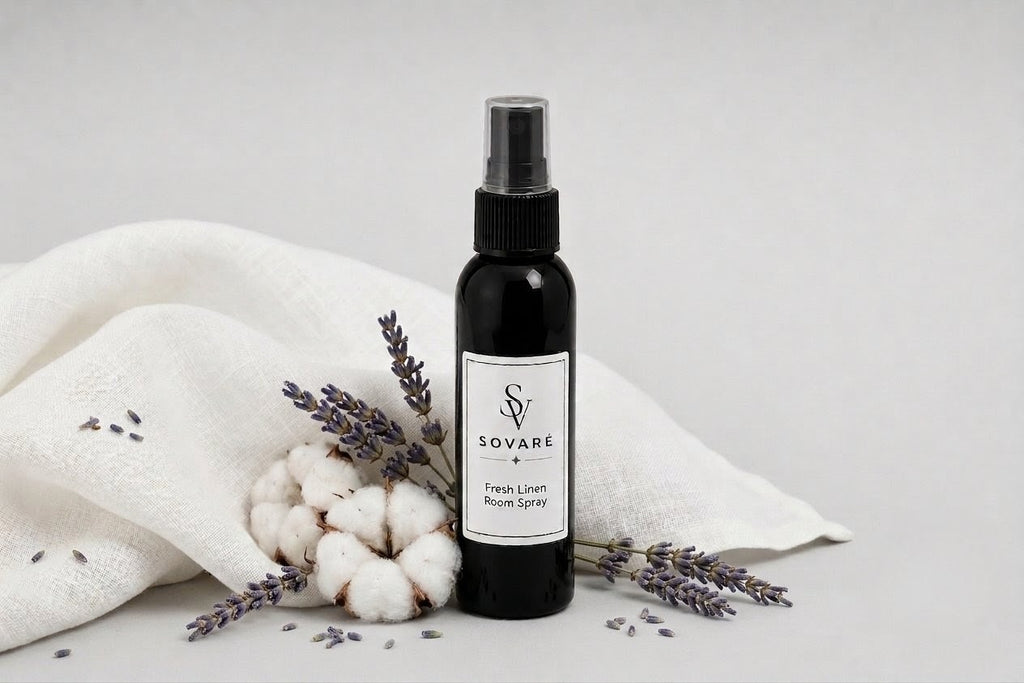 Sovaré Fresh Linen Room Spray bottle, black glass with spray cap, lavender and cotton accents.