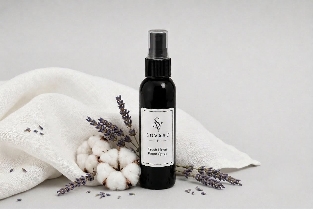 Sovaré Fresh Linen Room Spray bottle, black glass with spray cap, lavender and cotton accents.