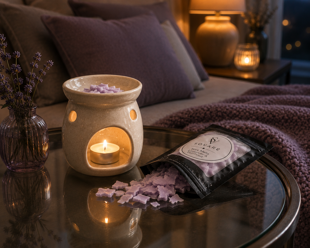 Wax Melts Sovare Lavender & Patchouli, purple wax pieces near a ceramic tealight warmer on a glass table.