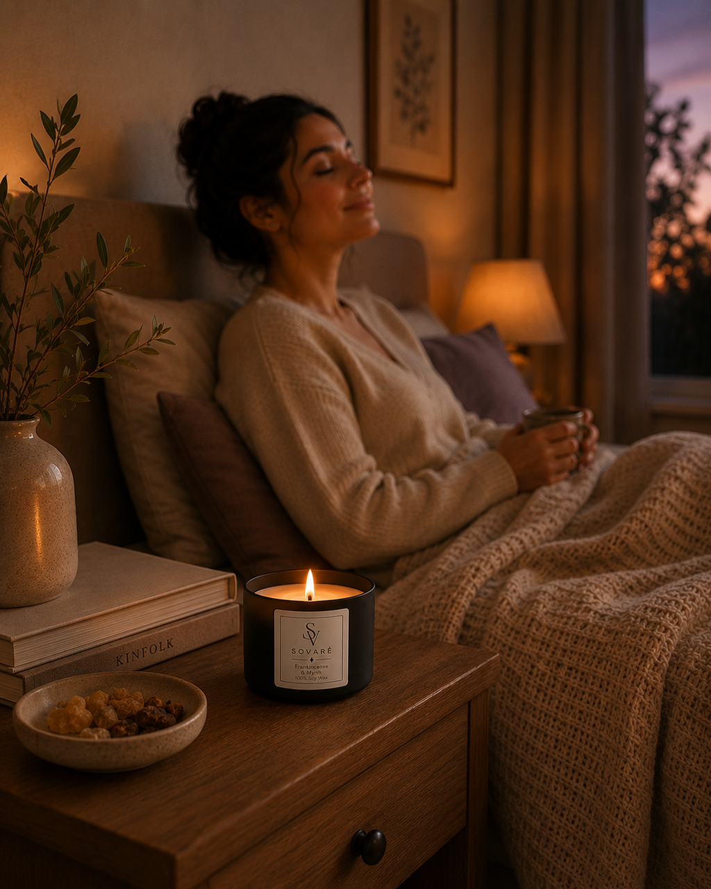 Frankincense & Myrrh Candle by Sovaré in a black jar, lit on a bedside table