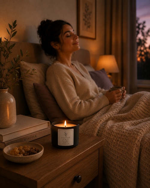 Frankincense & Myrrh Candle by Sovaré in a black jar, lit on a bedside table