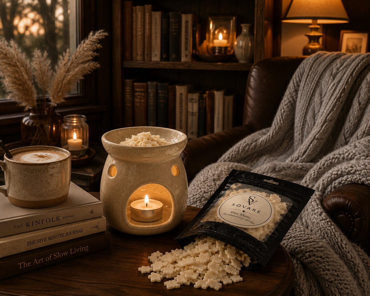 Sovaré Sandalwood Vanilla Wax Melts; soft creamy wax tarts in bag with loose cubes
