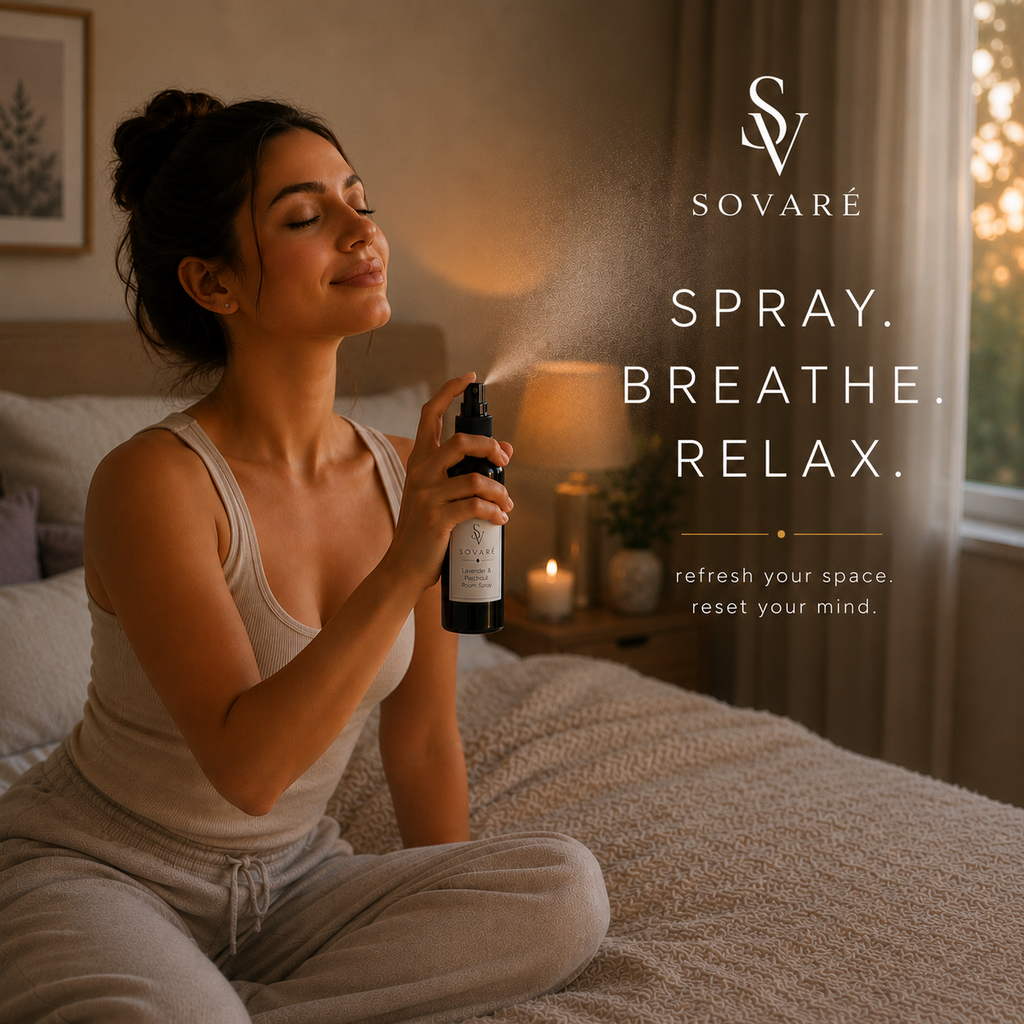 Lavender & Patchouli Room Spray by Sovaré; dark glass bottle being sprayed in a cozy bedroom.