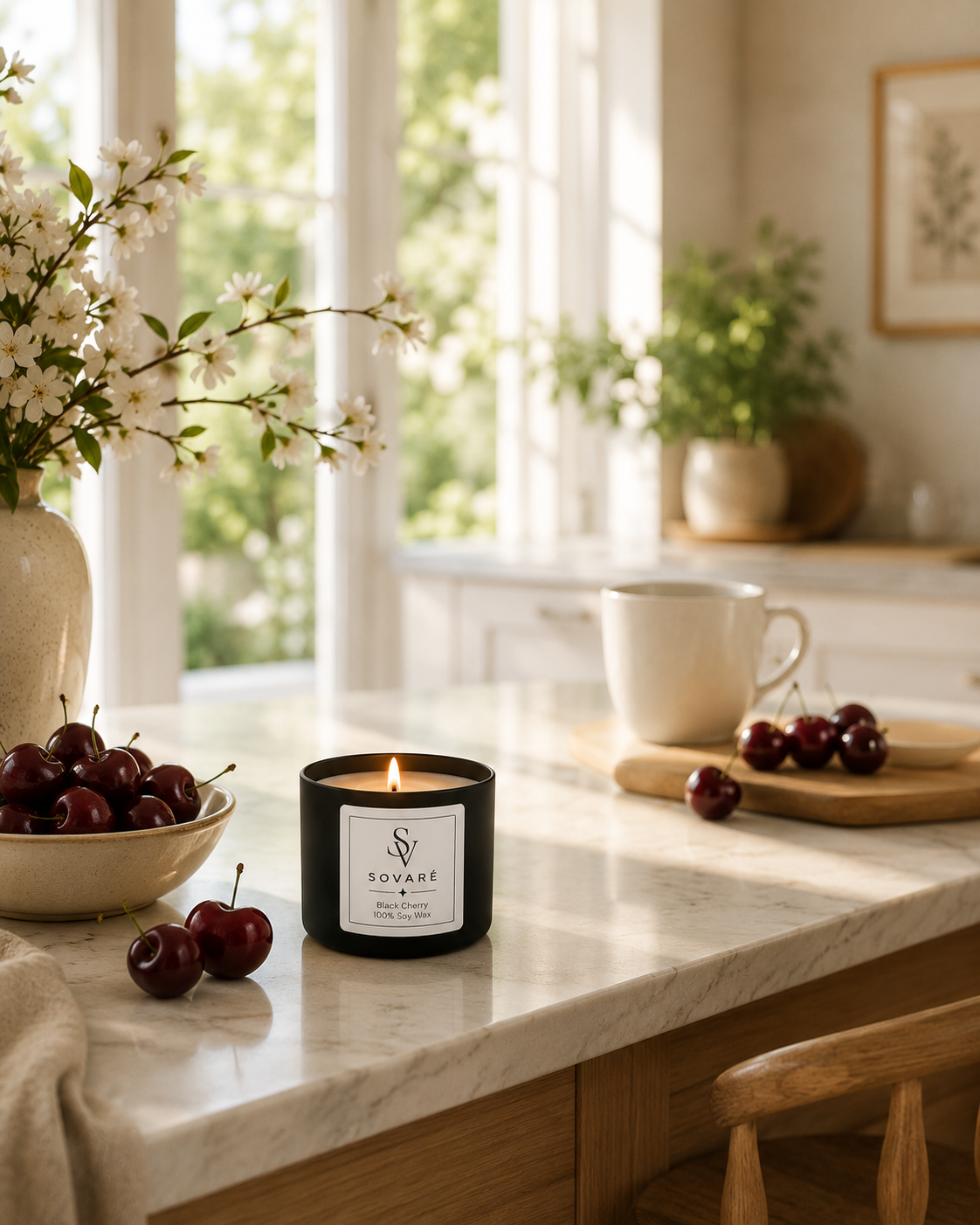 Black Cherry Candle by Sovaré in black tin; 100% soy wax on marble kitchen counter.