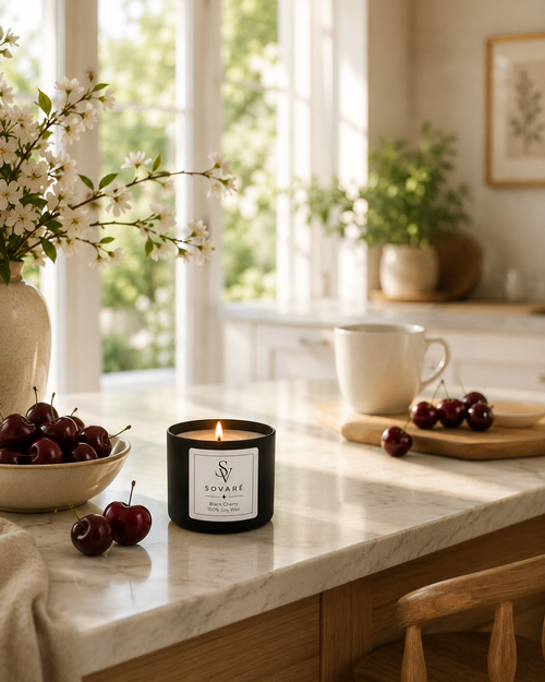 Black Cherry Candle by Sovaré in black tin; 100% soy wax on marble kitchen counter.