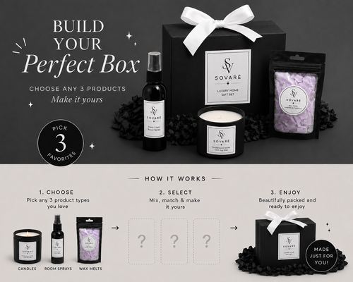 Build a Box Gift Set by Sovaré: black gift box with white ribbon, including candle, room spray, and lavender wax melts.