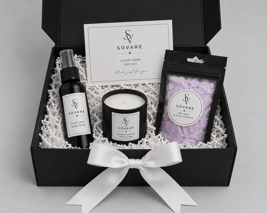 Build a Box Gift Set by Sovaré - 3-piece home fragrance kit with room spray, candle, lavender & patchouli wax melts