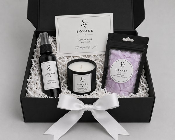 Build a Box Gift Set by Sovaré - 3-piece home fragrance kit with room spray, candle, lavender & patchouli wax melts