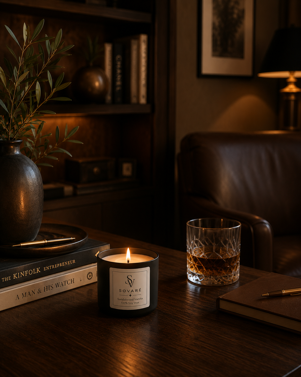 Sandalwood Vanilla Candle by Sovaré in a black jar on a wooden desk, lit with a warm flame.