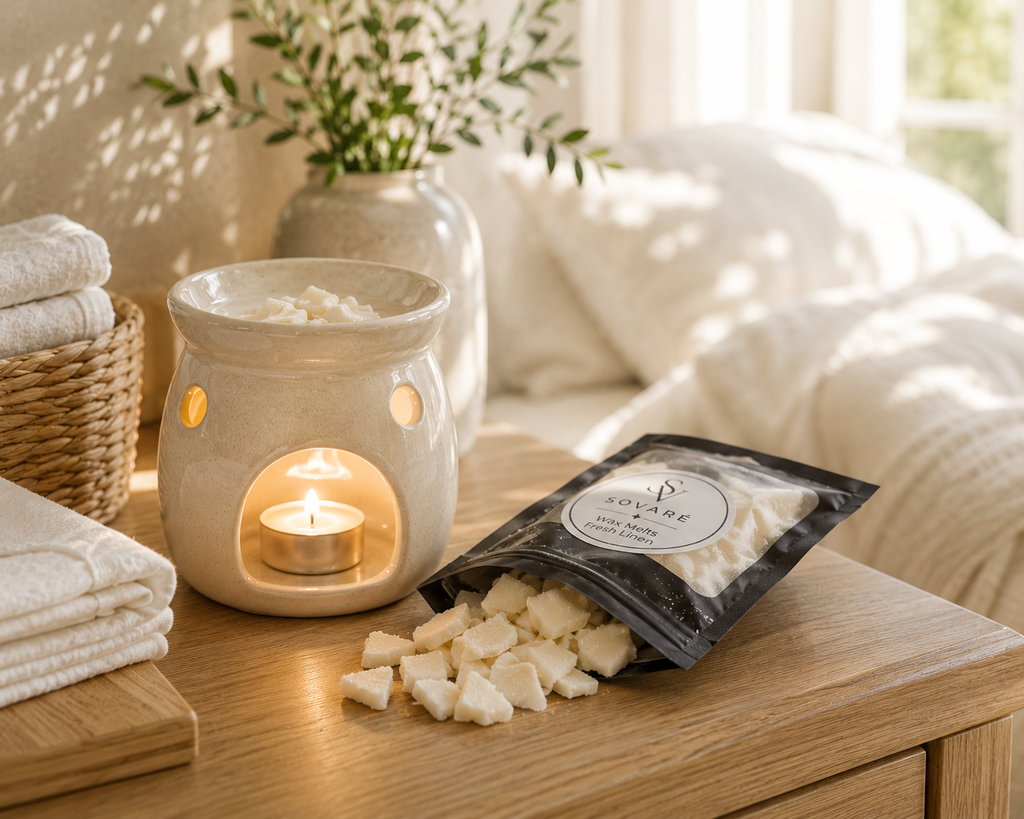 Fresh Linen Wax Melts by Sovaré; beige ceramic warmer with tea light and wax cubes on a wooden table.