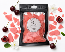 Black Cherry Wax Melts Sovaré in a resealable black pouch with pink chunks