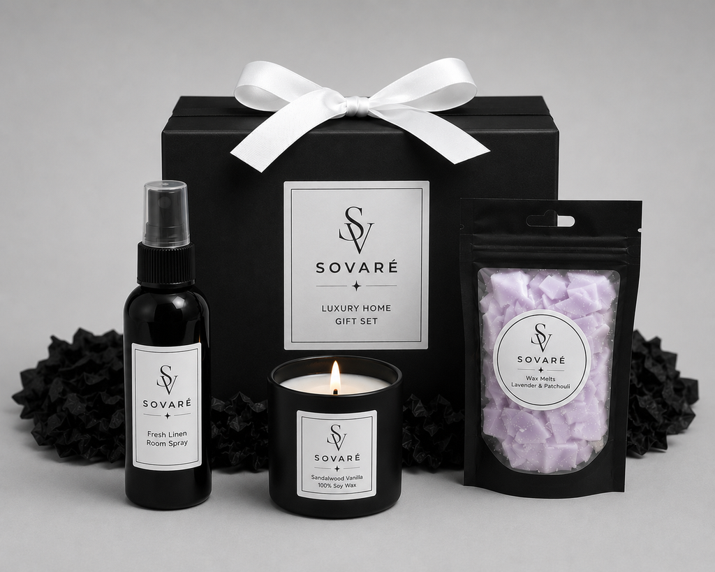 Build a Box Gift Set by Sovaré, 4-piece luxury home fragrance set in a black box with white ribbon