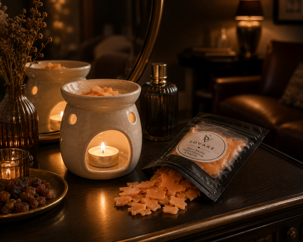 Frankincense & Myrrh Wax Melts by Sovaré; peach-tinted tart shapes beside a lit ceramic burner on a wooden surface