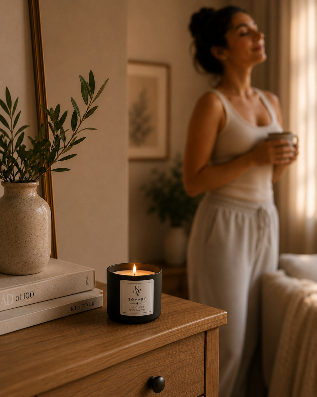 Fresh Linen Candle by Sovaré; black glass jar, lit, on a wooden dresser beside a vase.