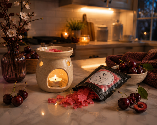 Wax Melts Sovaré Black Cherry, pink star-shaped wax tarts beside a candle warmer on a marble kitchen counter