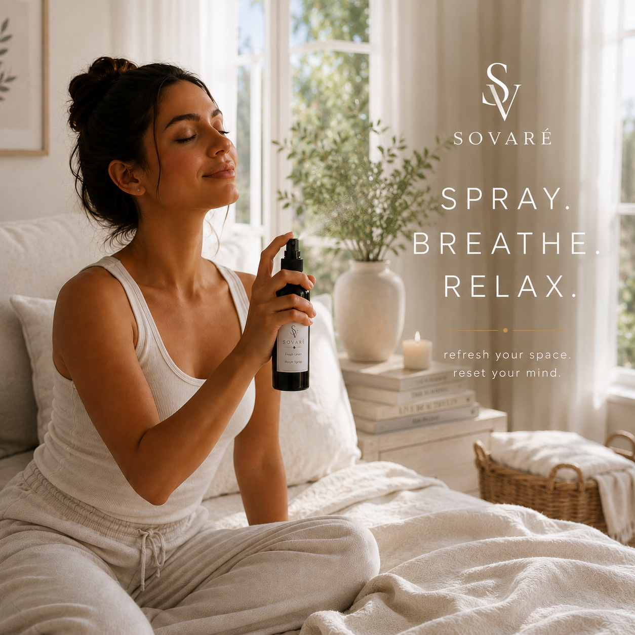 Fresh Linen Room Spray by Sovaré; black bottle held by a woman in white loungewear in a sunlit bedroom.