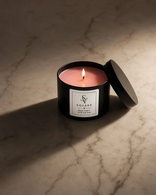 Black Cherry Luxury Soy Wax Candle in black tin by Sovaré, 100% soy wax.