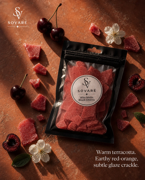 Wax melts Sovaré Black Cherry soy wax flakes in a black resealable bag with red-pink chunks