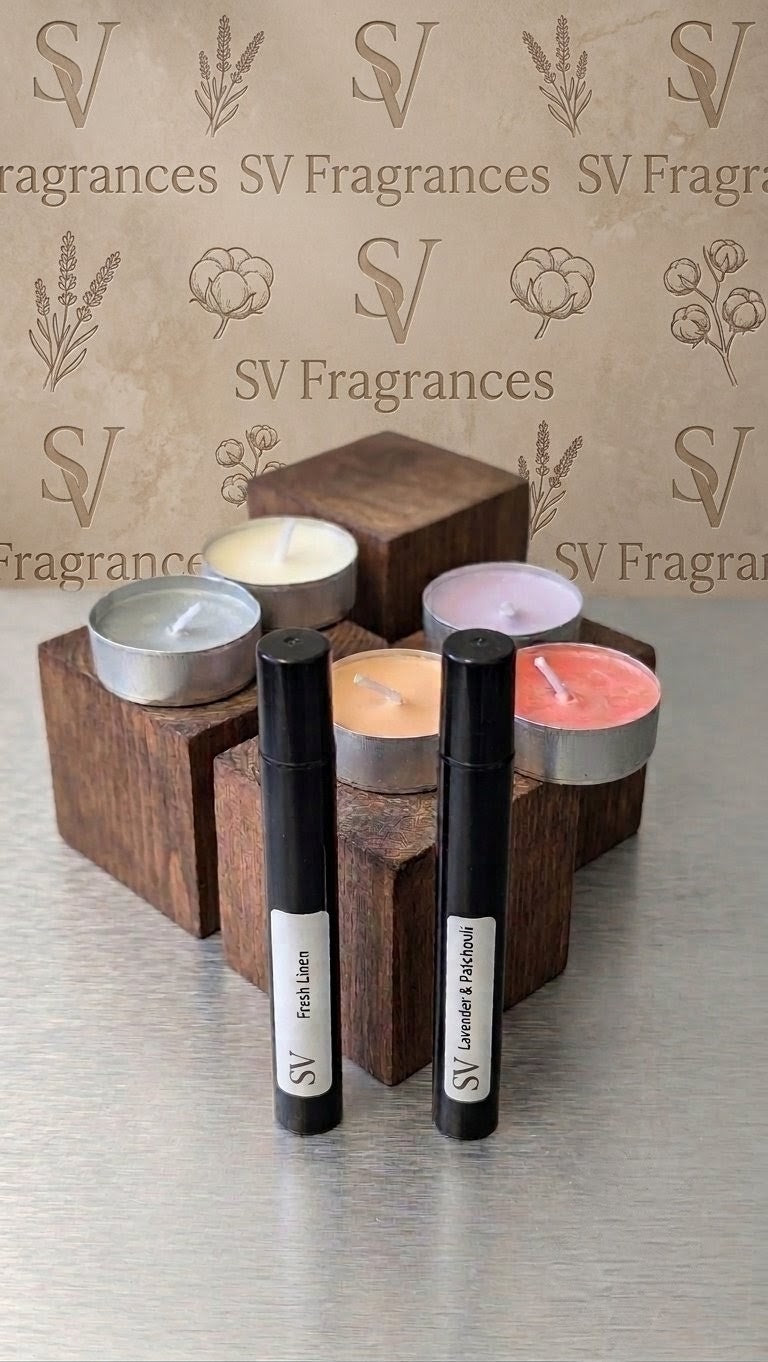 Sovare Discovery Box Set: 5 candles in metal tins and 2 SV fragrance pens (Fresh Linen, Lavender & Patchouli).