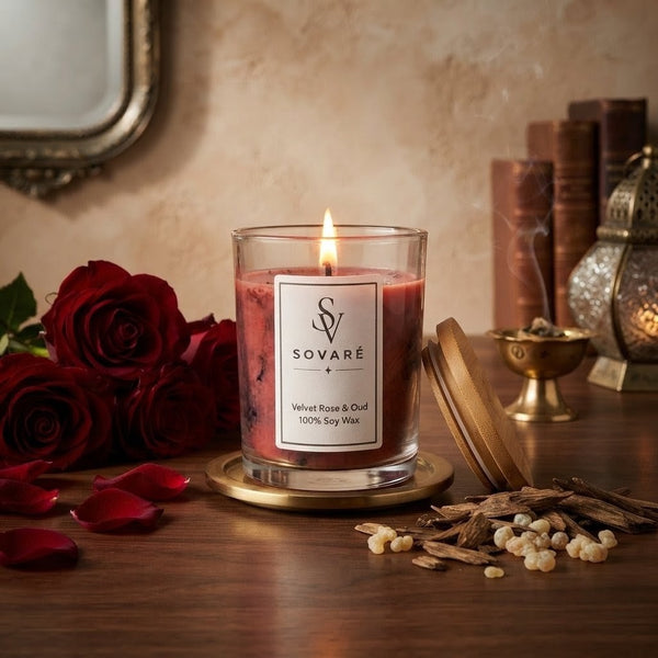 Sovaré Velvet Rose & Oud scented candle in a clear glass jar with a gold coaster and red wax.